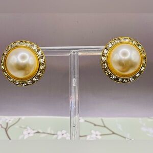 Gold Tone and Faux Pearl Dome Stud Earrings with Rhinestone Accents
